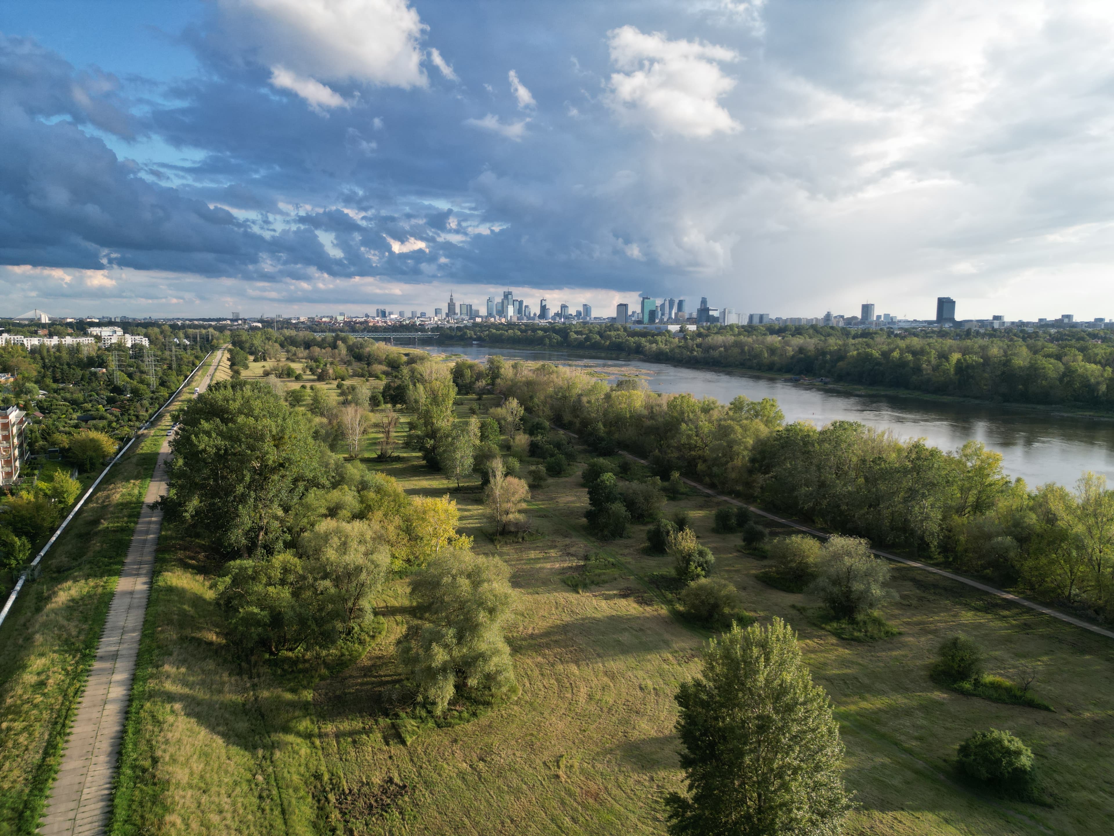 Wild Vistula bank beside Bulwary Praskie — meadow, trees and paths, with the river and central Warsaw across the water.