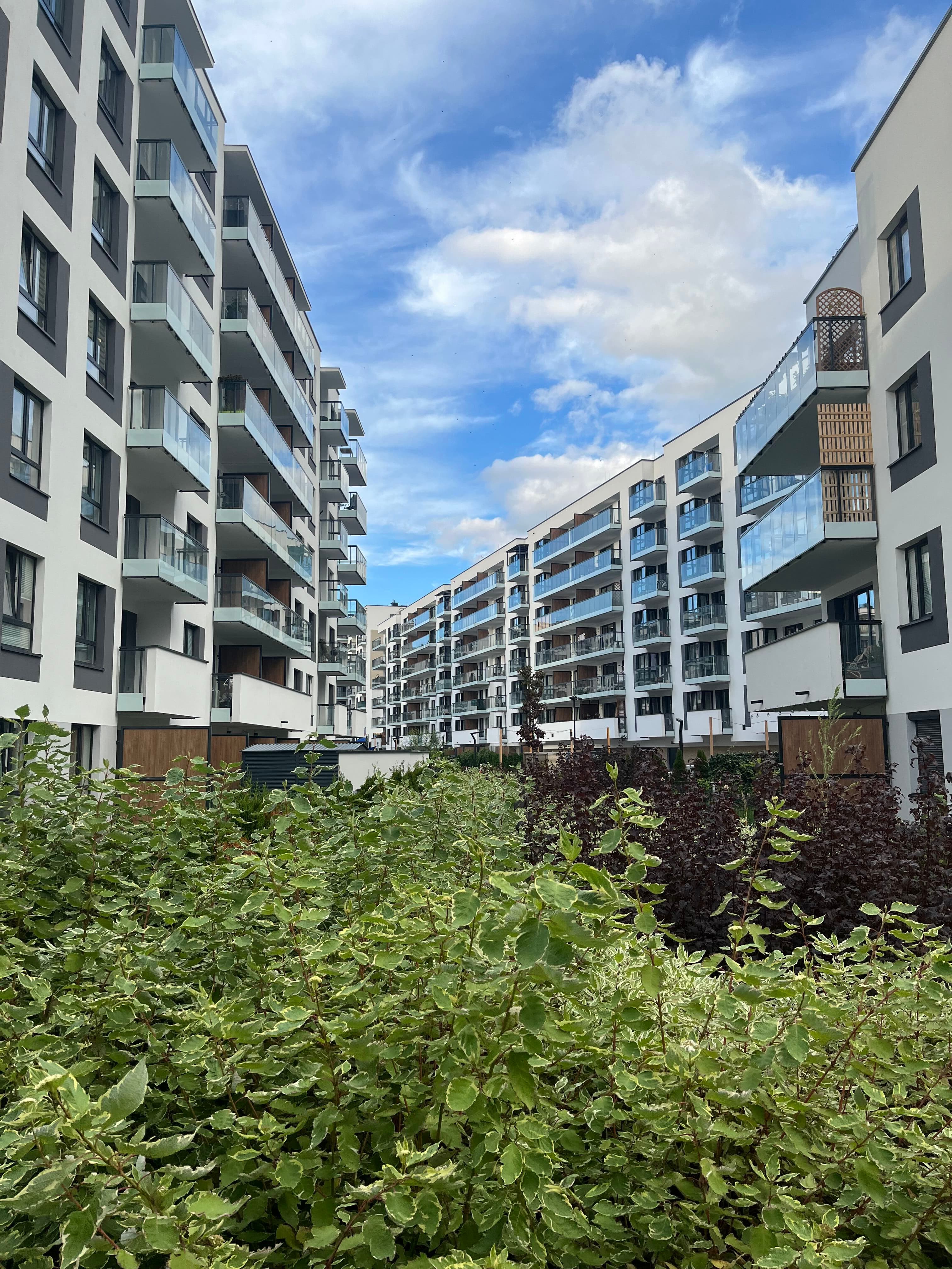Looking up through plantings at Metro Zachód courtyard façades.