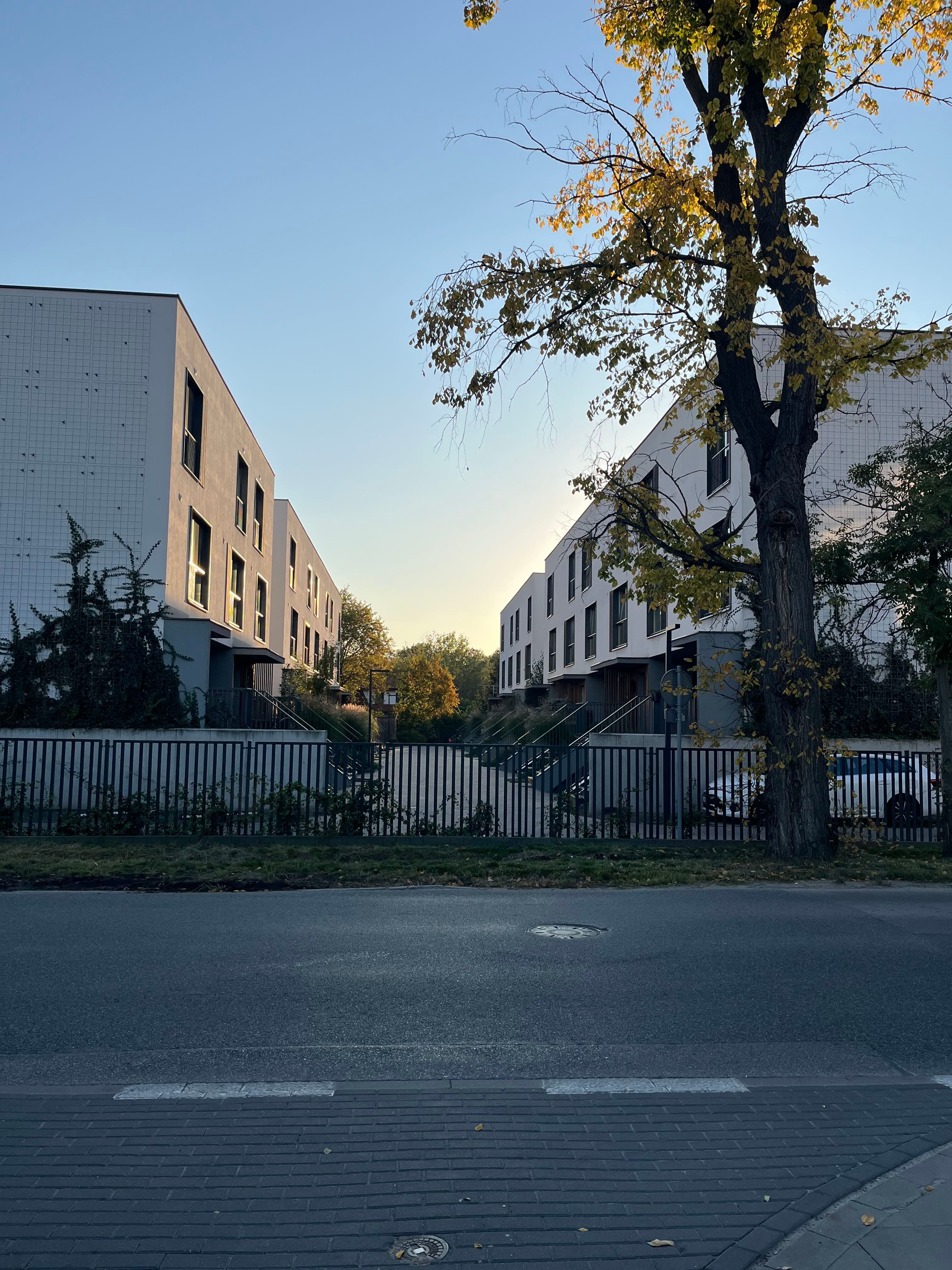 Gated entrance into the estate alley — symmetrical white blocks framing the central path.
