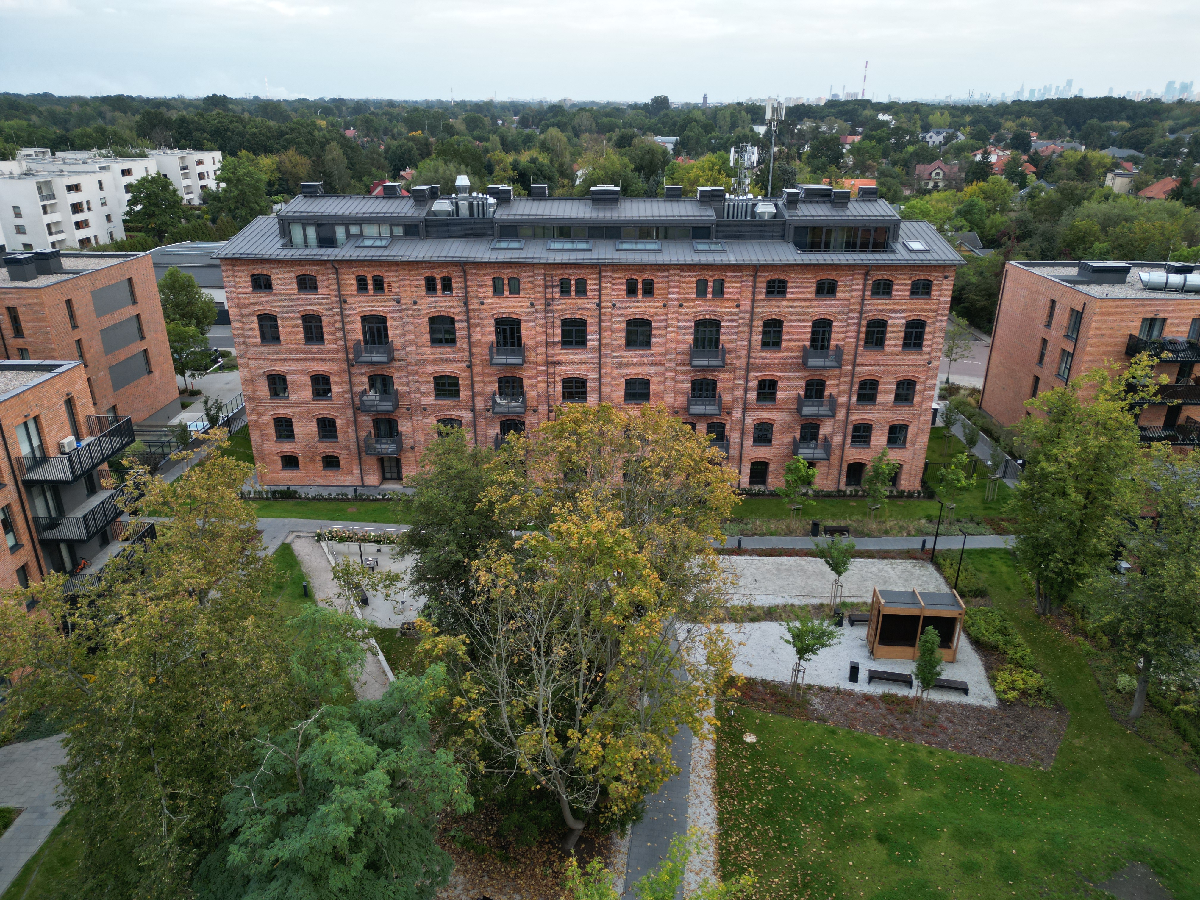 Aerial of the restored Drożdżownia yeast factory loft building