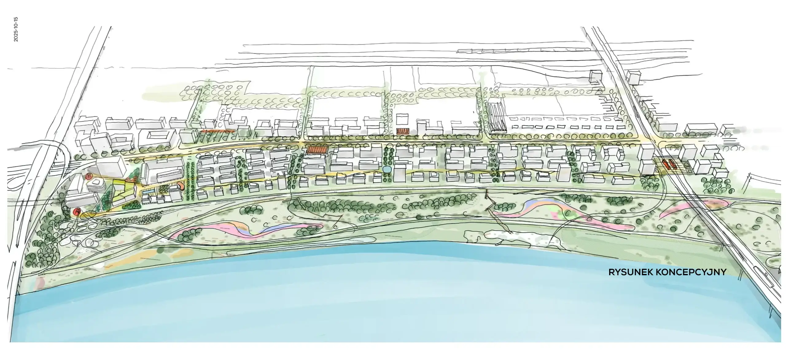 BBGK concept drawing of Bulwary Praskie: buildings stepping back from the Vistula, with a riverside boulevard