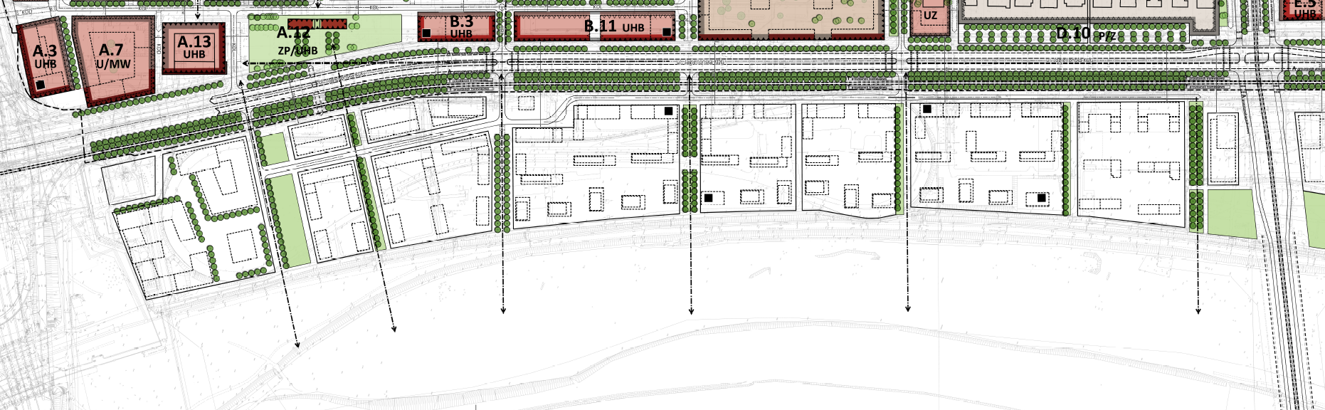 Site plan of Bulwary Praskie along the Vistula, with building plots, green strips and the road to the north
