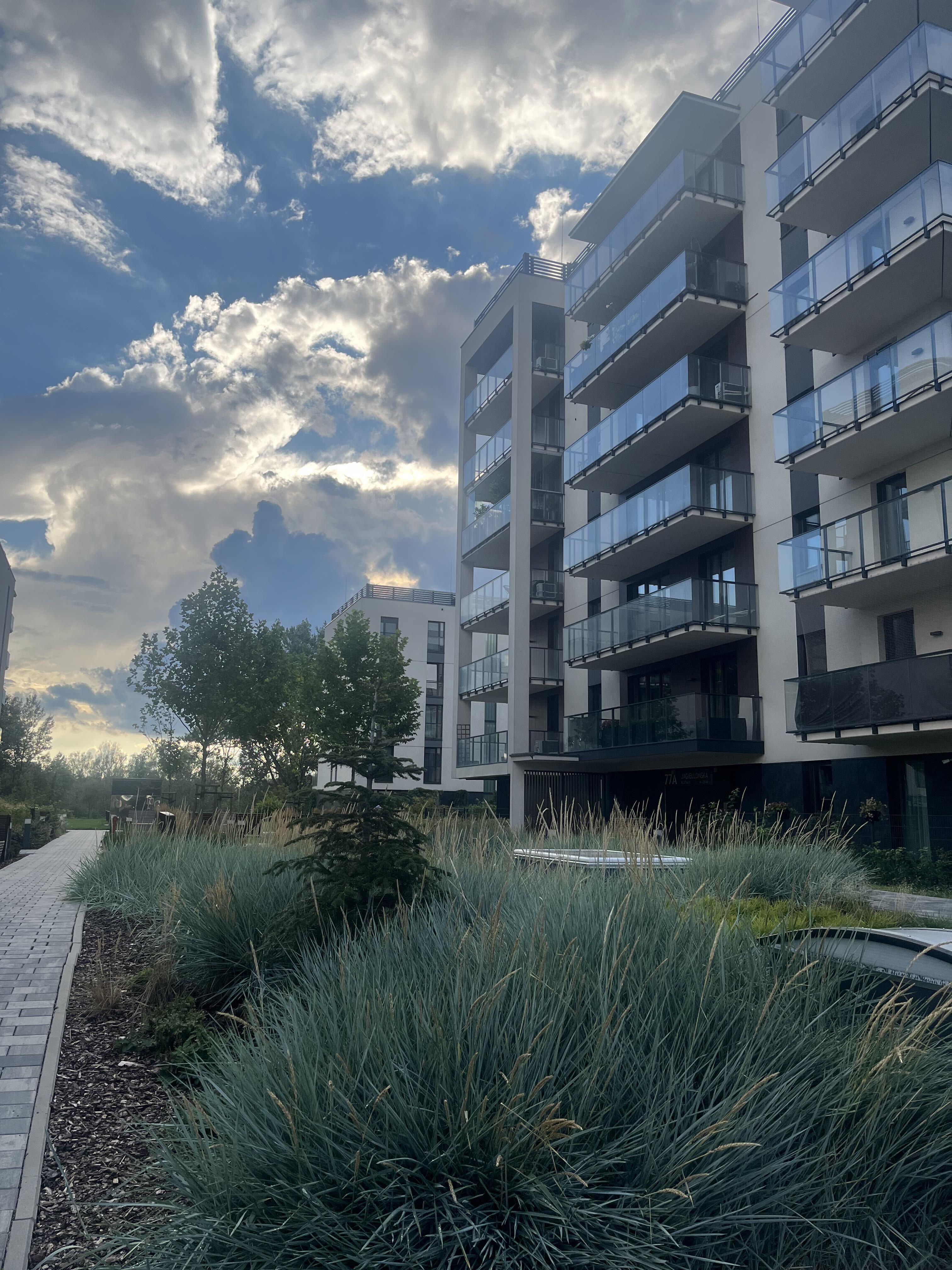 Paved path and ornamental grasses between the blocks at Bulwary Praskie, with glass balconies above