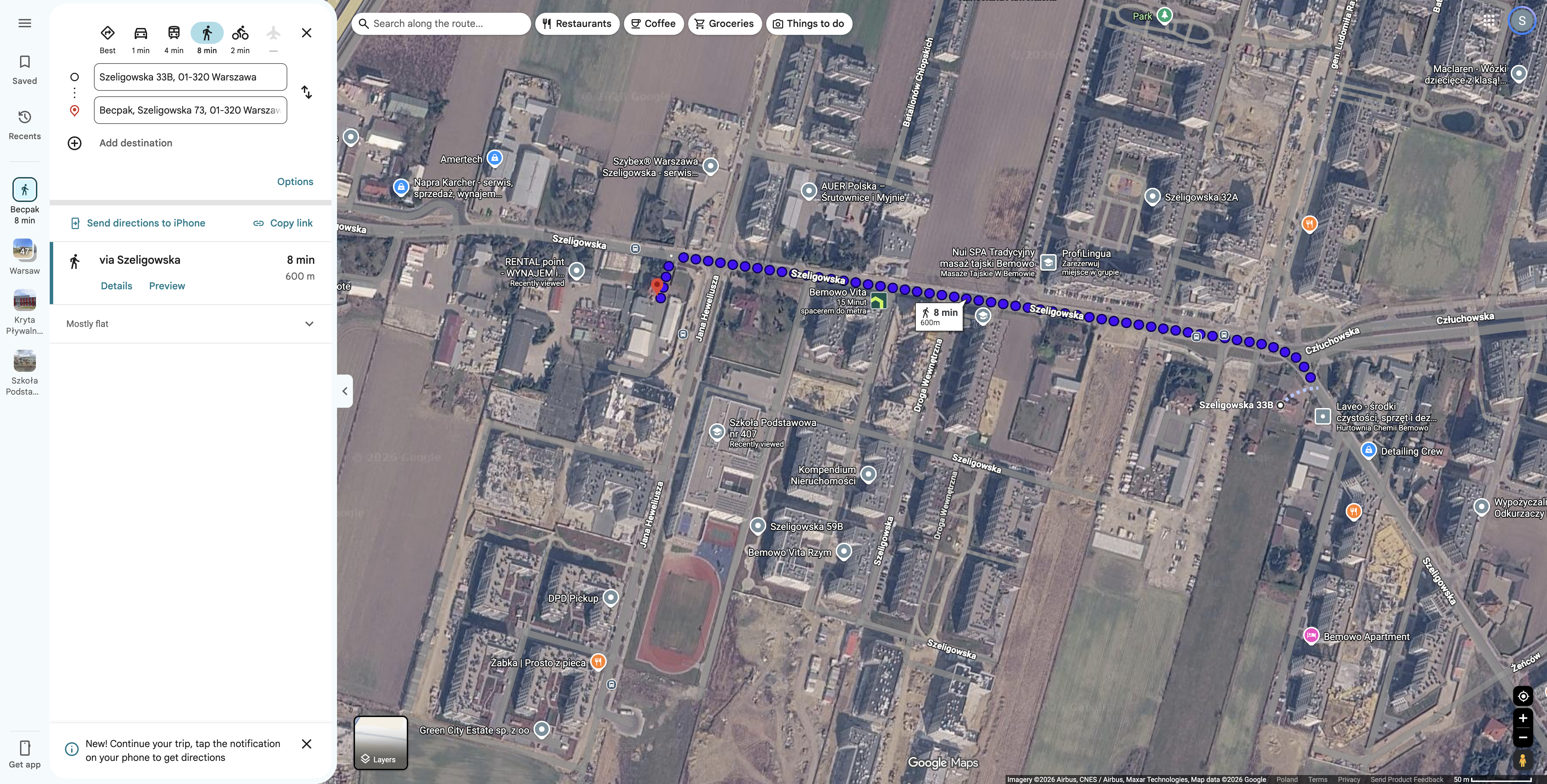 Walking-time map from Metro Zachód stage 8 to Chrzanów metro station